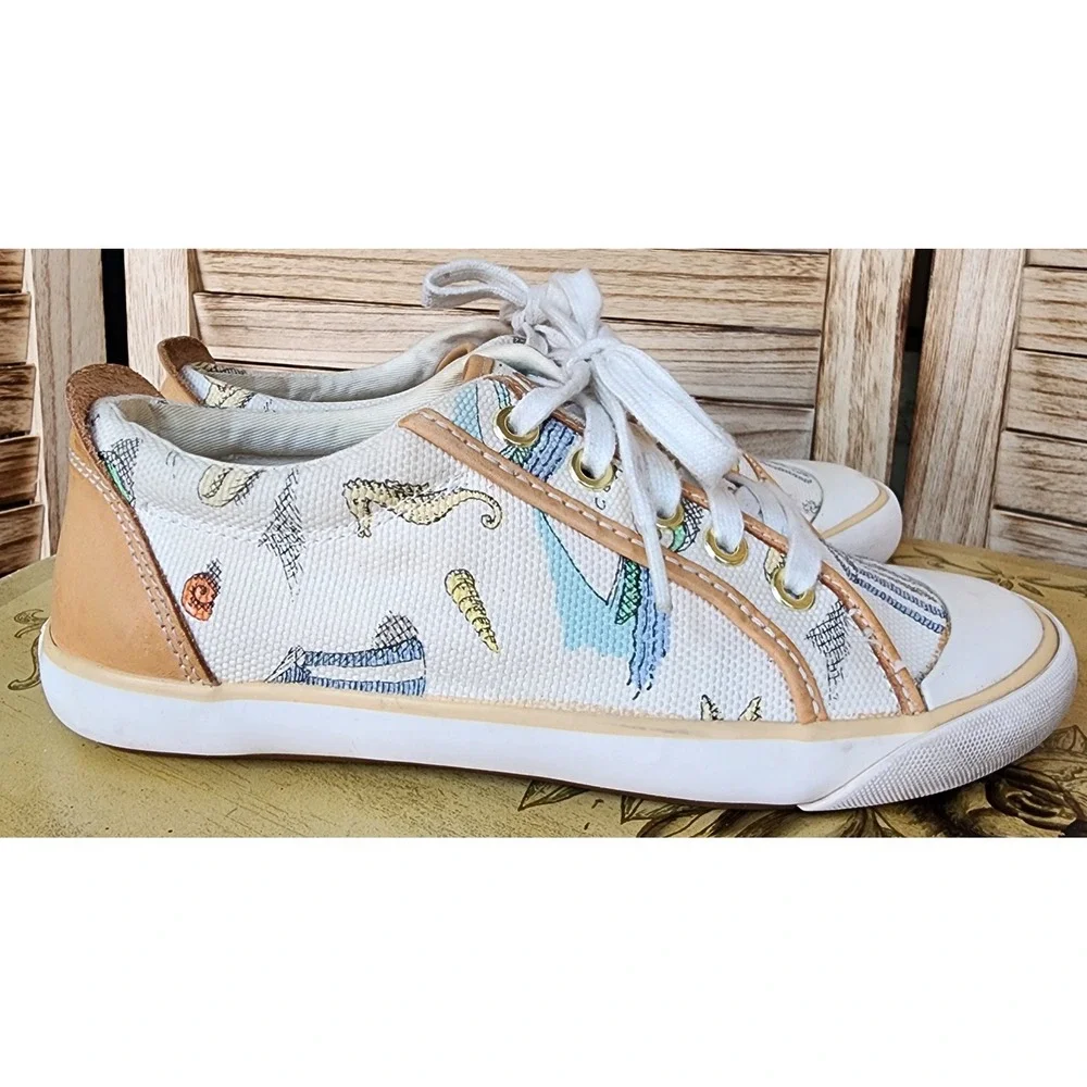 Coach Sz 6.5B White Canvas Leather Barrett Nautical Sea Life Sneakers A1092